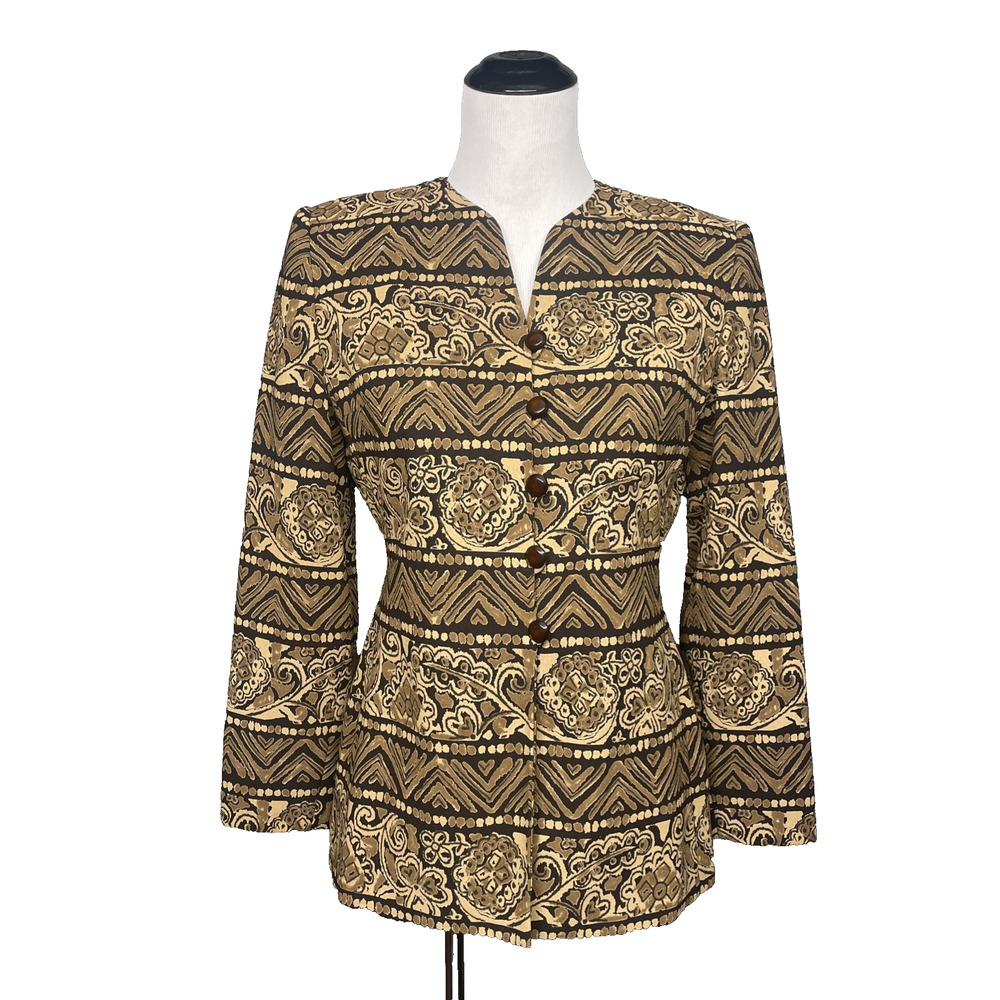 Vtg 90s Kasper ASL Petite Blazer Jacket 2P Brown Gold Geo Floral Tribal 5Button